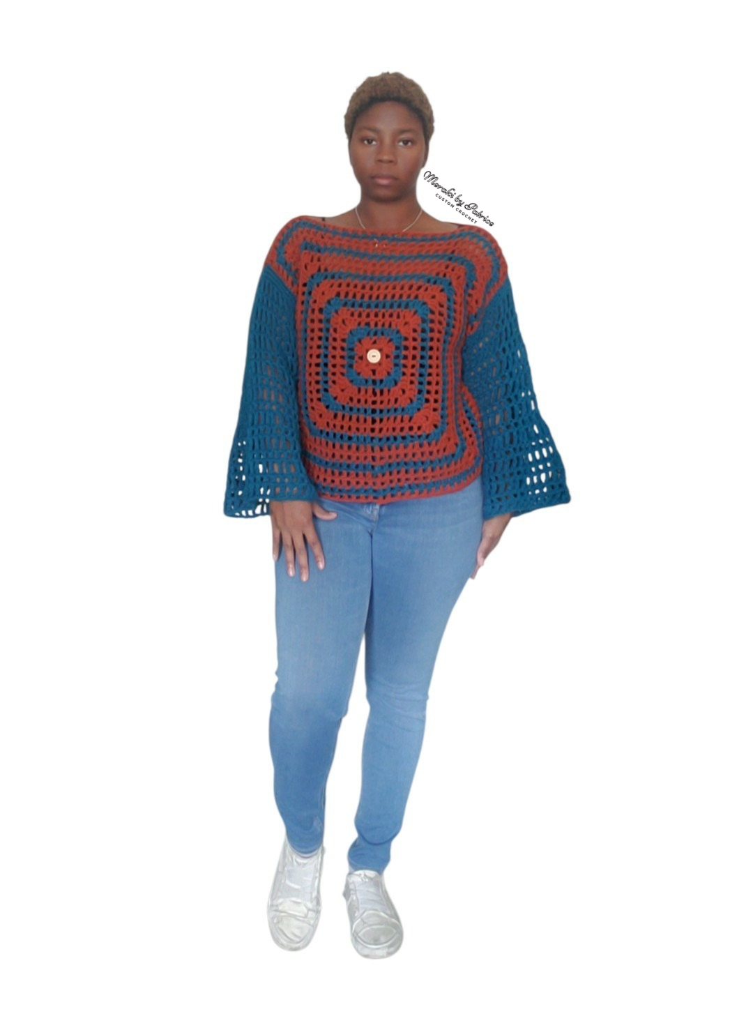 Blue & Orange Trellis Mesh Top