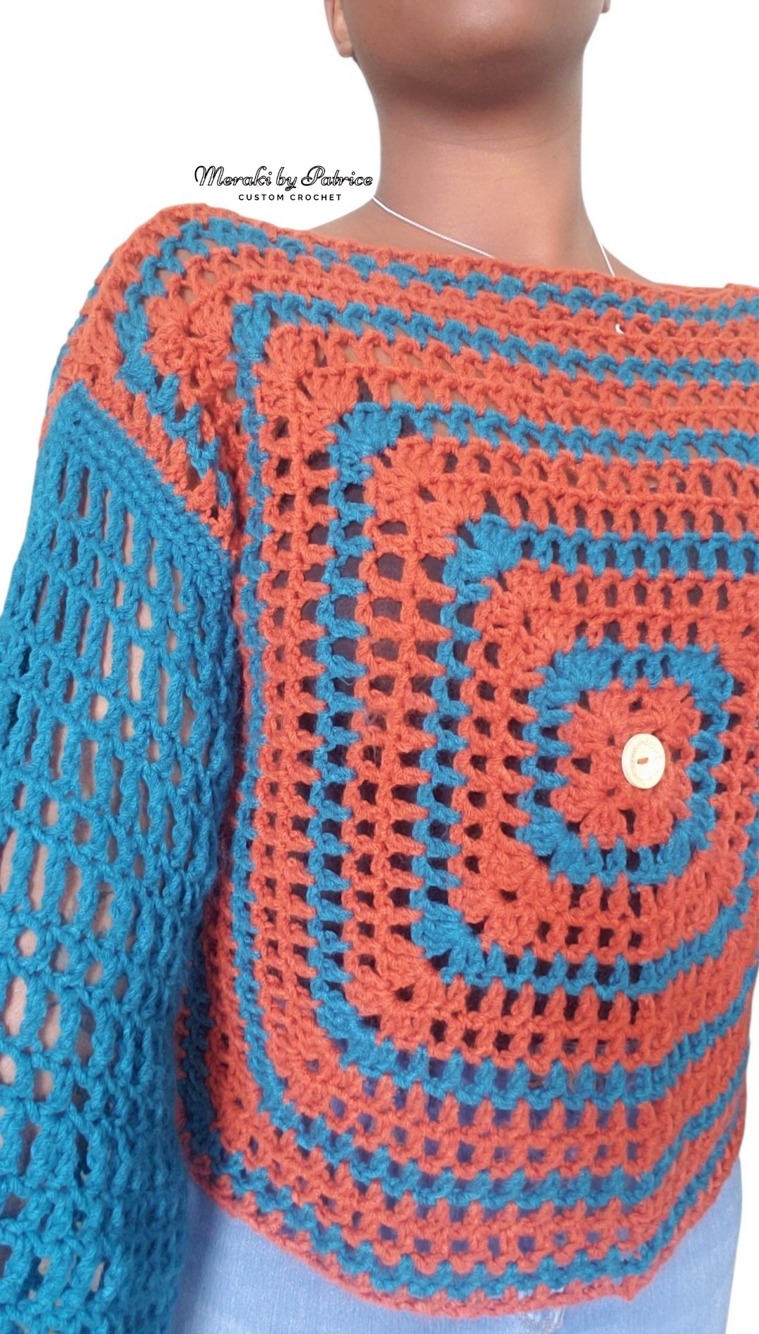 Blue & Orange Trellis Mesh Top